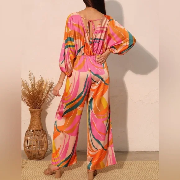 Isla Tropical Satin Boat Neck Blouson Jumpsuit